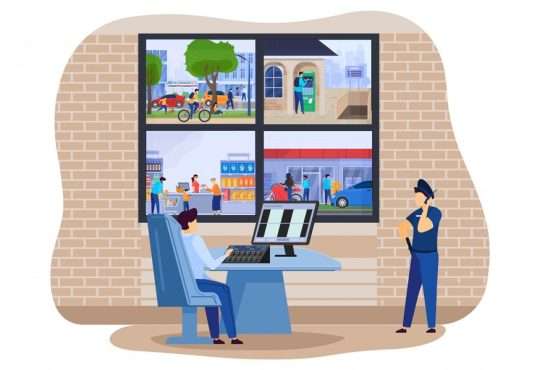home-security-camera-monitors-police-office-with-secure-clever-house-thief-guard-alarm-system-illustration_169479-360